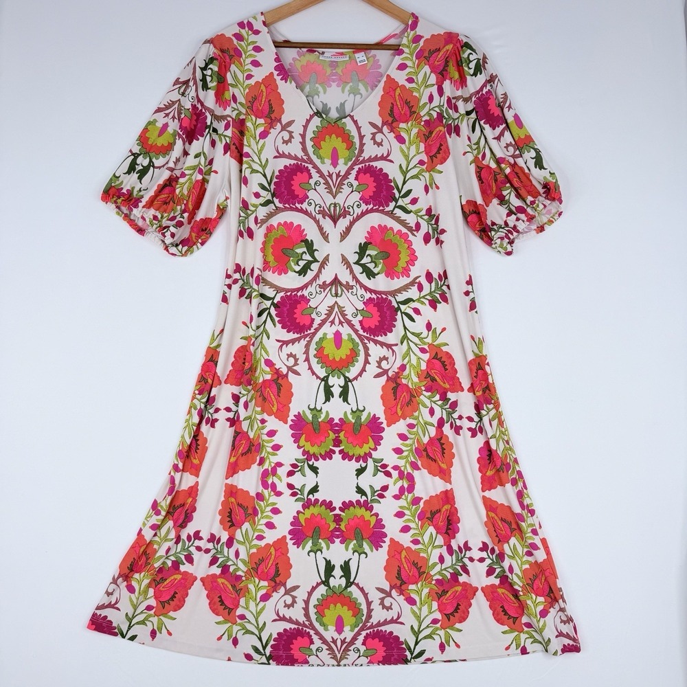 Susan Graver Regular Printed Liquid Knit Puff Sleeve V-Neck Dress Cream/Berry XL